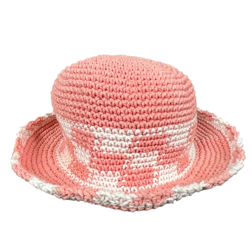 Hand‎ & Heart Pink White Checkered Crochet Bucket Hat 100% Cotton Scalloped Brim